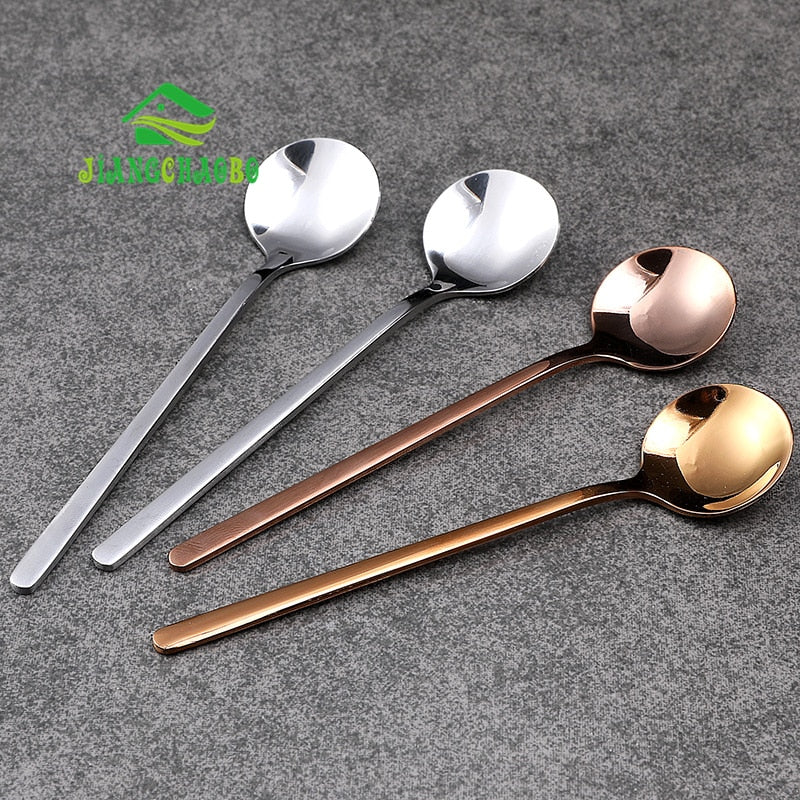 Silverware Set, Stainless steel mixing Stirring spoon creative long handle  Thicken small spoon dessert spoon coffee ice spoons cutlery tableware  (Color : Dark green gold 4pcs)