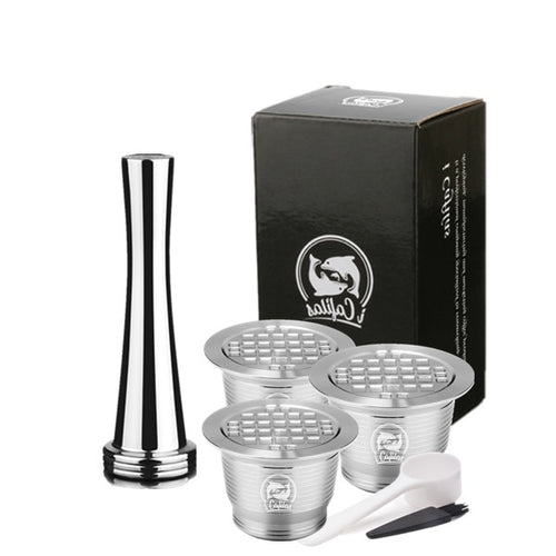 ICafilas Stainless Metal Reusable Nespresso Capsule with Press Coffee Grinds Stainless Tamper