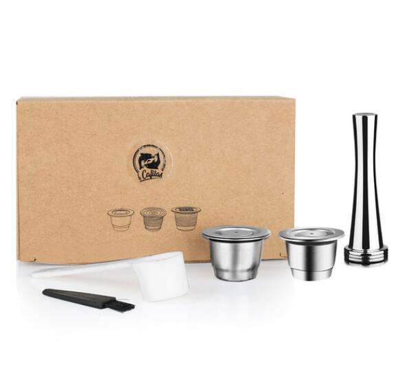 ICafilas Stainless Metal Reusable Nespresso Capsule with Press Coffee Grinds Stainless Tamper