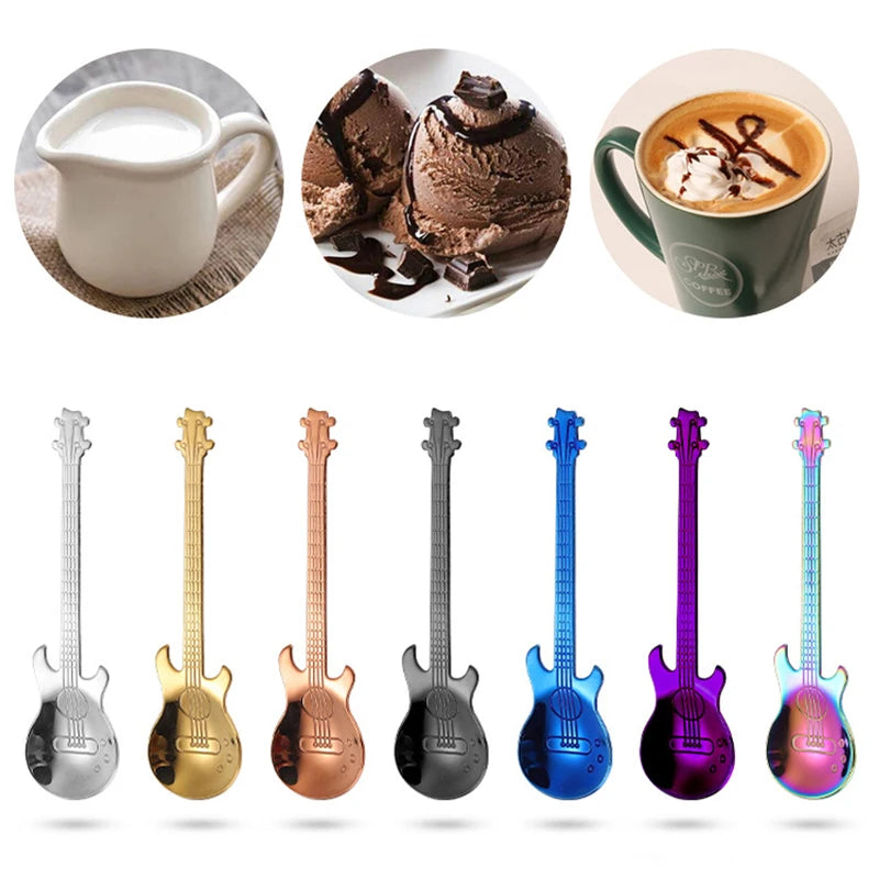 Stainless Steel Guitar Shaped Love Coffee Spoon Teaspoon Children Spoon 7 Colors Coffee Tea Spoon