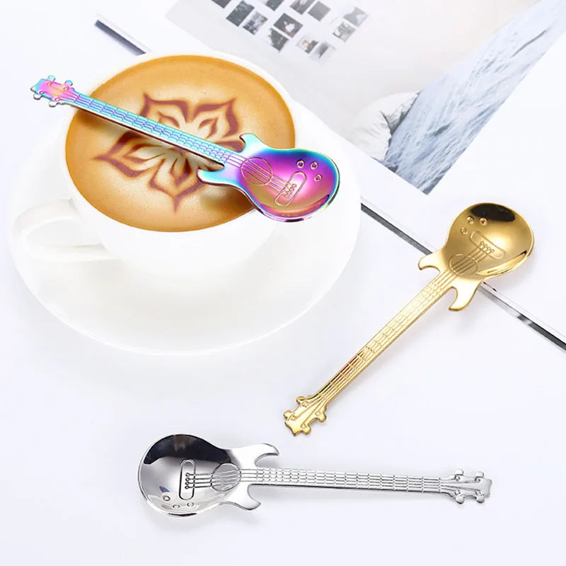 Stainless Steel Guitar Shaped Love Coffee Spoon Teaspoon Children Spoon 7 Colors Coffee Tea Spoon