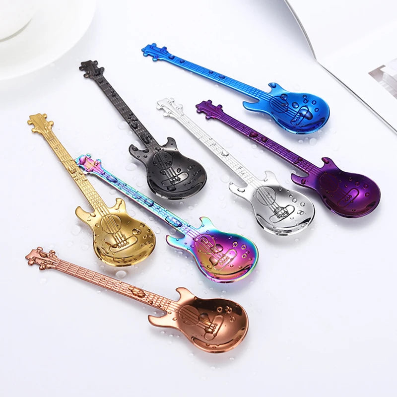 Stainless Steel Guitar Shaped Love Coffee Spoon Teaspoon Children Spoon 7 Colors Coffee Tea Spoon