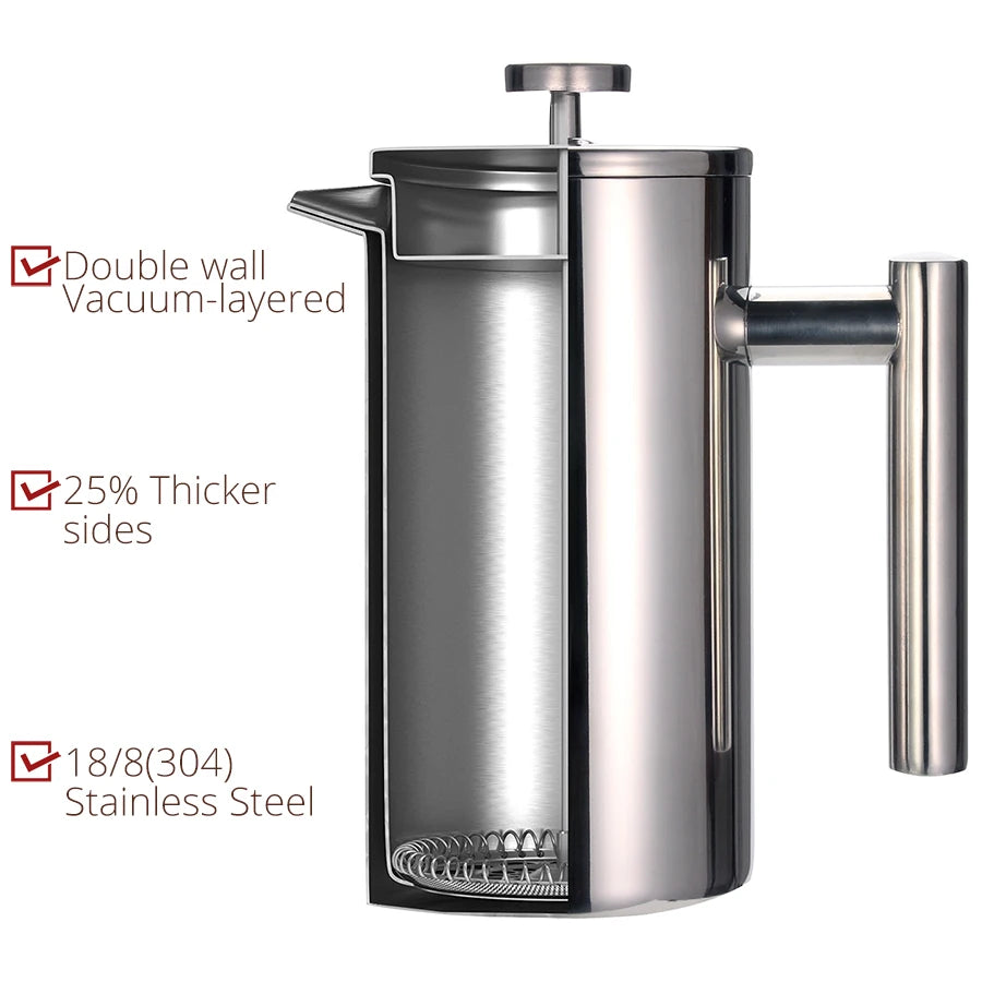 French Press Coffee Maker - Double Wall 304 Stainless Steel - 3 size with sealing clip/Spoon