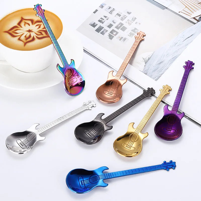 Stainless Steel Guitar Shaped Love Coffee Spoon Teaspoon Children Spoon 7 Colors Coffee Tea Spoon