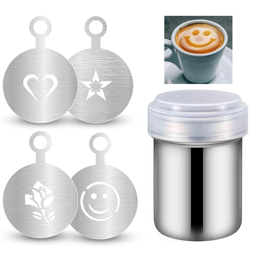 5-Piece Coffee Art Stencils & Powder Shaker Set for Cappuccino, Latte & Cake Decoration