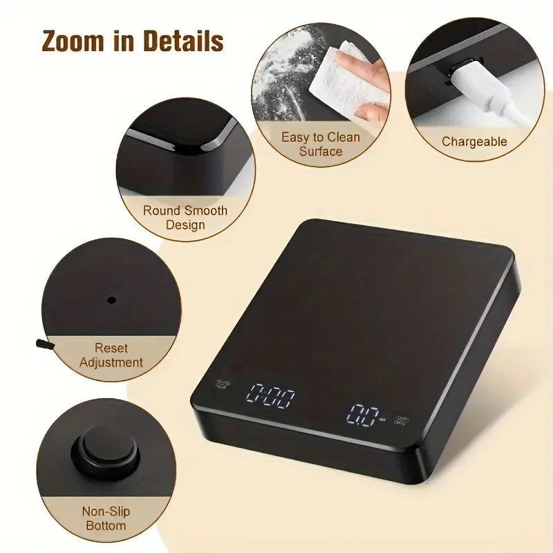 Digital Rechargeable Coffee Scale with Timer and LED Screen, 3kg Capacity, High-Precision 0.1g