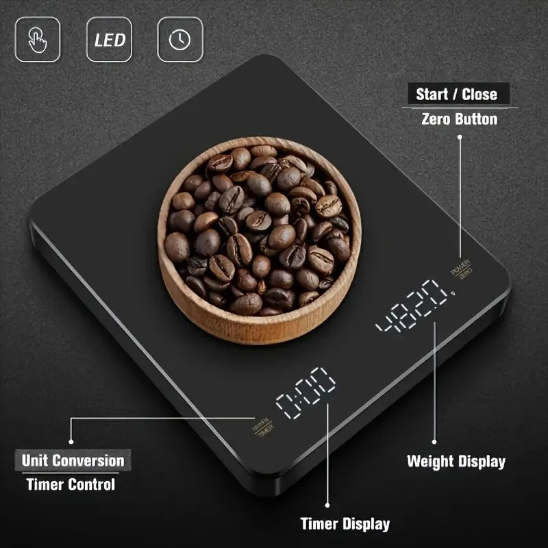 Digital Rechargeable Coffee Scale with Timer and LED Screen, 3kg Capacity, High-Precision 0.1g