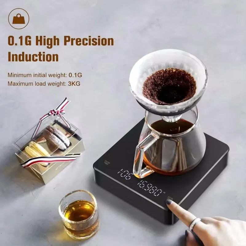 Digital Rechargeable Coffee Scale with Timer and LED Screen, 3kg Capacity, High-Precision 0.1g