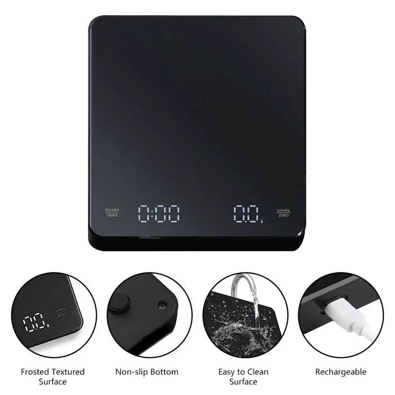 Digital Rechargeable Coffee Scale with Timer and LED Screen, 3kg Capacity, High-Precision 0.1g