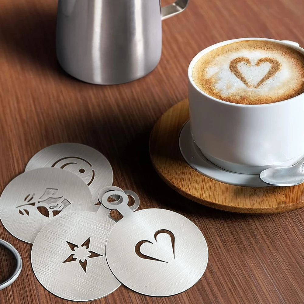 5-Piece Coffee Art Stencils & Powder Shaker Set for Cappuccino, Latte & Cake Decoration