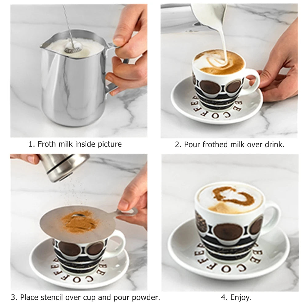 5-Piece Coffee Art Stencils & Powder Shaker Set for Cappuccino, Latte & Cake Decoration