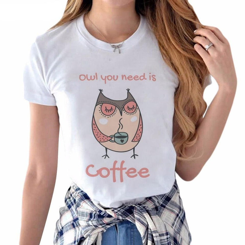 T Shirt Women New Arrivals Owl Coffee Printed Short Sleeve Casual Top Tees