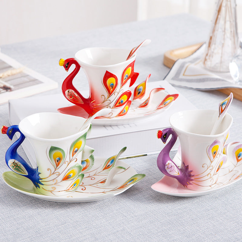 Creative 3D Hand Crafted Porcelain Enamel Peacock Coffee Cup Set with Saucer And Spoon Present